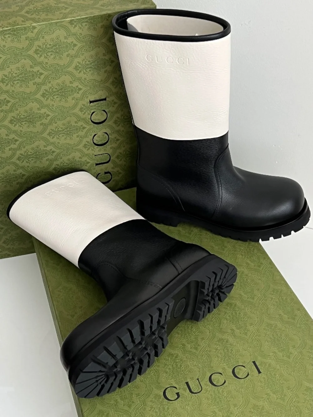 Gucci Men's Boots Rain Snow Biker Black White Leather High Size 9 US 9.5 EU43New